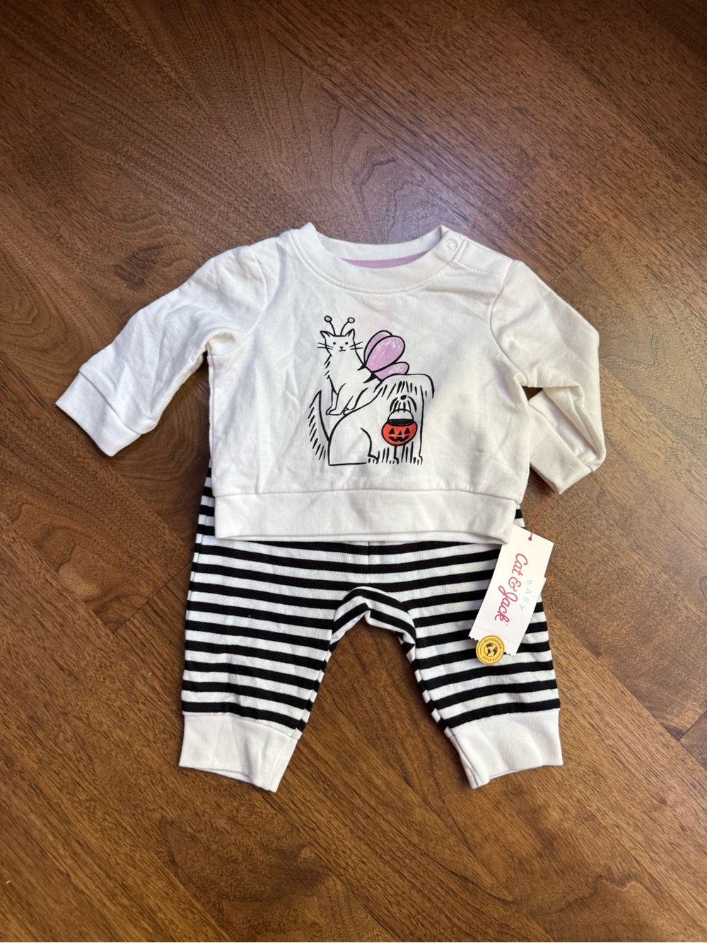 Cat & Jack Baby Girl Cream Top and Black Stripe Pants Pajama Set